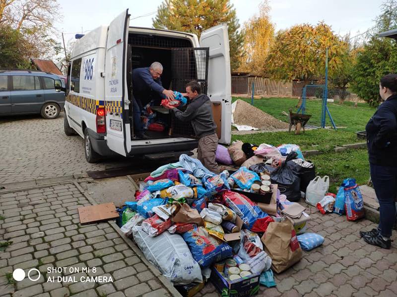 Odbiór karmy dla zwierząt przez pracowników schroniska w Orzechowcach.