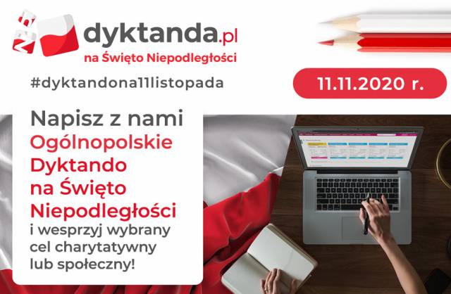 Grafika zachecająca do udziału w Ogólnopolskim Dyktandzie na Swięto Niepodległości. Więcej informacji w treści artykułu.