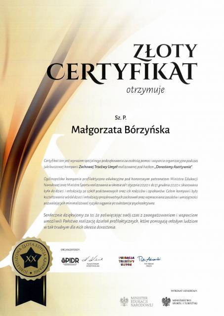 Złoty Certyfikat dla Małgorzaty Bórzyńskiej