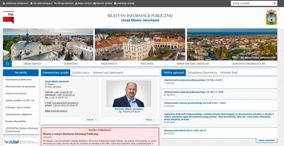 Zdjęcie poglądowe nowego Biuletynu Informacji Publicznej Urzędu Miasta Jarosławia.