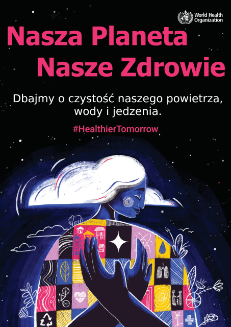 Dbajmy o czystość naszego powietrza, wody i jedzenia - plakat informujący Światowej Organizacji Zdrowia "Nasza planeta, nasze zdrowie" w wersji jasnej.