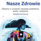 Dbajmy o czystość naszego powietrza, wody i jedzenia - plakat informujący Światowej Organizacji Zdrowia "Nasza planeta, nasze zdrowie" w wersji ciemnej.