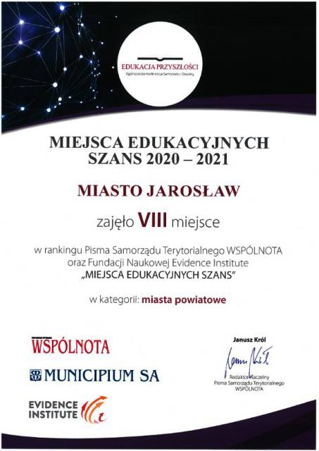 Certyfikat Jarosław miejscem edukacyjnych szans 2020-2021